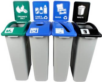 Quadruple contenants canettes, papier, organique et déchets Waste Watcher, fermé et base colorée #BU101008000