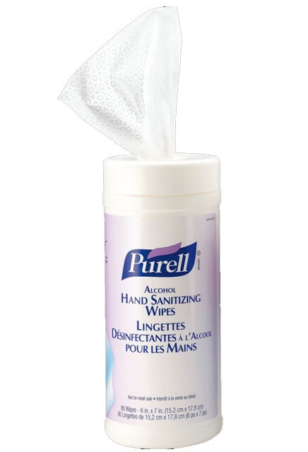 Lingettes humides désinfectantes Purell à l'alcool, 80 lingettes.