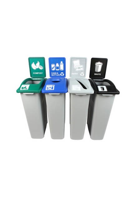 Quadruple contenants canettes, papier, organique et déchets Waste Watcher, fermé et base colorée #BU101014000