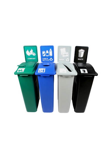 Quadruple contenants canettes, papier, organique et déchets Waste Watcher, fermé et base colorée #BU101087000