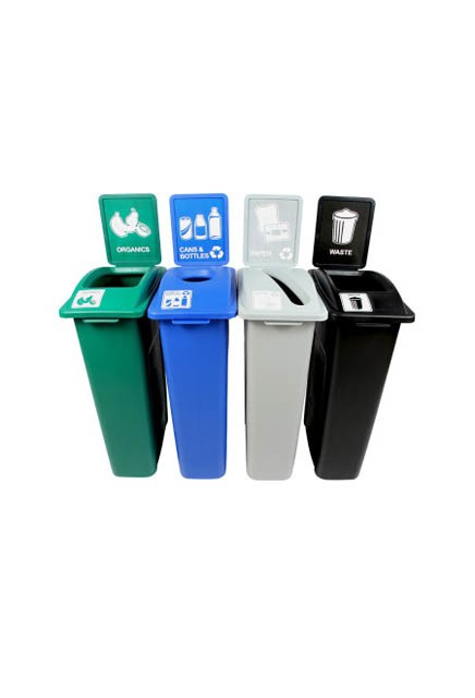 Quadruple contenants canettes, papier, organique et déchets Waste Watcher, fermé et base colorée #BU101082000