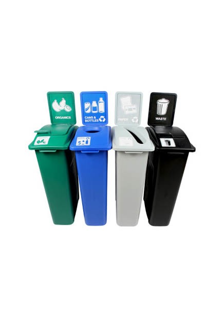 Quadruple contenants canettes, papier, organique et déchets Waste Watcher, fermé et base colorée #BU101083000