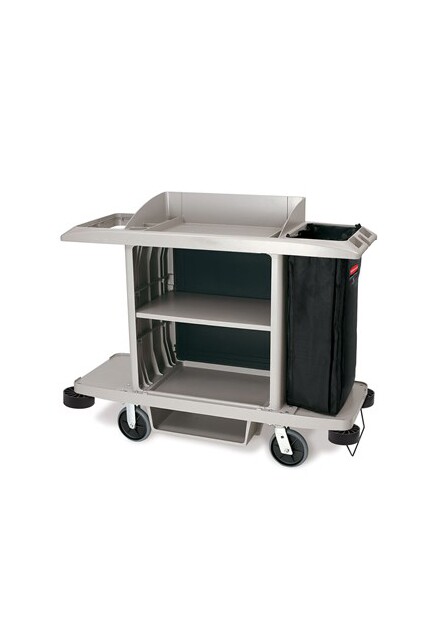 Rubbermaid 9T19 Full Size Housekeeping Cart with Doors, Vinyl Bag, Bumpers,  Vacuum Holder, Under Deck Shelf and Hood