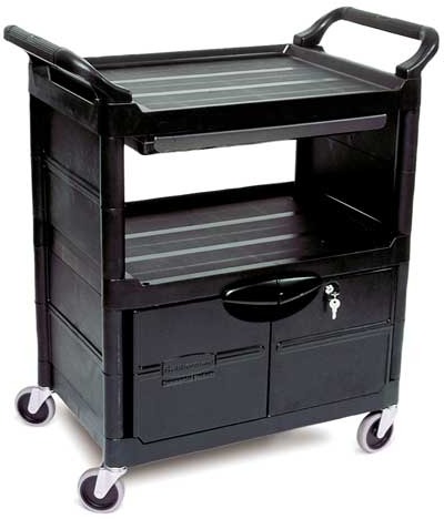 Chariot de service à 3 tablettes, 2 côtés fermés et cabinet verrouillable Rubbermaid 3457 #RB003457NOI