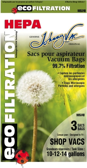 90534H Sacs microfiltres HEPA pour aspirateur - Shop Vac 10-14 Gal #JV90534H000