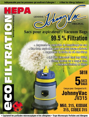 Sacs microfiltres HEPA 581H pour aspirateurs Johnny Vac JV315 #JB00581H000