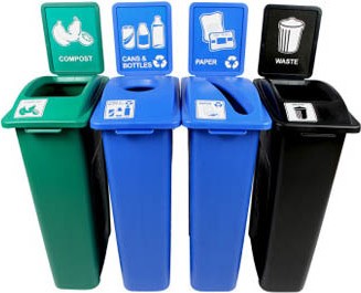 Quadruple contenants canettes, papier, compost et déchets Waste Watcher, Ouvert et Base colorée #BU101084000 Quadruple contenants canettes, papier, compost et déchets Waste Watcher, Ouvert et Base colorée #BU101084000