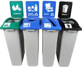 Quadruple contenants canettes, papier, organique et déchets Waste Watcher, fermé et base colorée #BU101012000 Quadruple contenants canettes, papier, organique et déchets Waste Watcher, fermé et base colorée #BU101012000