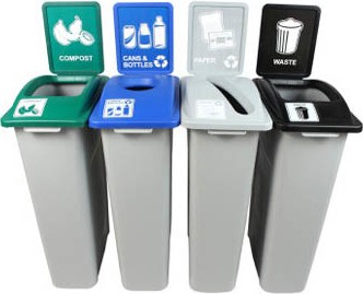 Quadruple contenants canettes, papier, organique et déchets Waste Watcher, fermé et base colorée #BU101014000 Quadruple contenants canettes, papier, organique et déchets Waste Watcher, fermé et base colorée #BU101014000