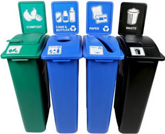 Quadruple contenants canettes, papier, organique et déchets Waste Watcher, fermé et base colorée #BU101085000 Quadruple contenants canettes, papier, organique et déchets Waste Watcher, fermé et base colorée #BU101085000