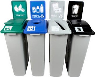 Quadruple contenants canettes, papier, compost et déchets Waste Watcher, fermé et base grise #BU101015000 Quadruple contenants canettes, papier, compost et déchets Waste Watcher, fermé et base grise #BU101015000