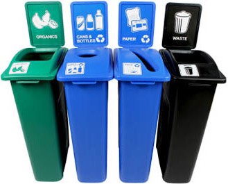 Quadruple contenants canettes, papier, organique et déchets Waste Watcher, fermé et base colorée #BU101080000 Quadruple contenants canettes, papier, organique et déchets Waste Watcher, fermé et base colorée #BU101080000