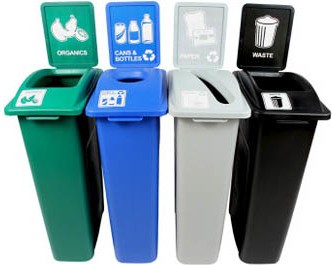 Quadruple contenants canettes, papier, organique et déchets Waste Watcher, Ouvert et Base colorée #BU101082000 Quadruple contenants canettes, papier, organique et déchets Waste Watcher, Ouvert et Base colorée #BU101082000