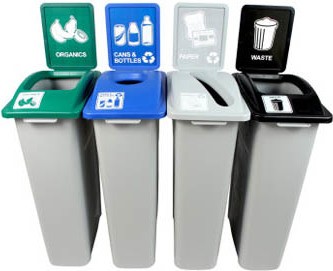 Quadruple contenants canettes, papier, organique et déchets Waste Watcher, fermé et base colorée #BU101010000 Quadruple contenants canettes, papier, organique et déchets Waste Watcher, fermé et base colorée #BU101010000