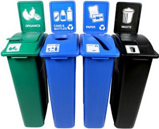 Quadruple contenants canettes, papier, organique et déchets Waste Watcher, fermé et base colorée #BU101081000