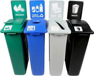 Quadruple contenants canettes, papier, organique et déchets Waste Watcher, fermé et base colorée #BU101083000 Quadruple contenants canettes, papier, organique et déchets Waste Watcher, fermé et base colorée #BU101083000