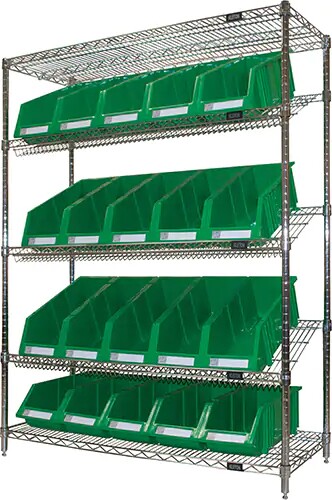 Slanted Wire Shelf with Bins, 5 Tiers #TQ0RN664000 Slanted Wire Shelf with Bins, 5 Tiers #TQ0RN664000