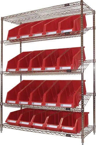 Slanted Wire Shelf with Bins, 5 Tiers #TQ0RN665000 Slanted Wire Shelf with Bins, 5 Tiers #TQ0RN665000