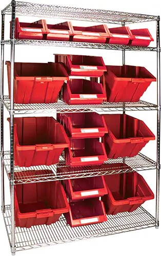 Heavy-Duty Wire Shelving Units with Storage Bins, 5 Tiers #TQ0RL838000 Heavy-Duty Wire Shelving Units with Storage Bins, 5 Tiers #TQ0RL838000