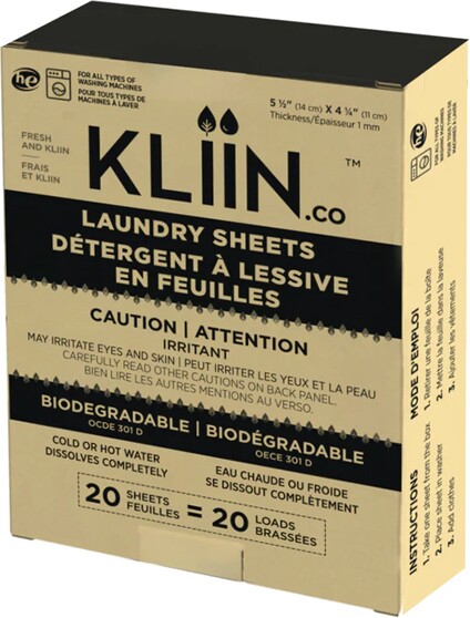 Kliin, Détergent à lessive en feuilles biodégradable, 20 par boîte #KL094058000