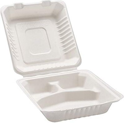 Compostable Hinged Bagasse Containers, 3 Sections #GL006014000