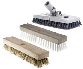 Palmera or polypropylene brushes, which are 9” to 10” wide. Nothing works better than these synthetic brushes to remove dirt, grease, oil and mould from surfaces that are damp or wet.