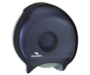 Cascades roll jumbo toilet tissue dispensers of single or double type are made of plastic. The see-through window or plastic cover allows to see how much paper is left and when it's time for a refill. The roll diameter for these equipments is located between 9" and 10".