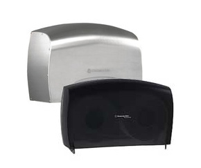 Kimberly-Clark has a wide range of jumbo roll toilet tissue dispensers. The washroom will be put at the forefront of innovation with the Kimberly-Clark professional electronic Coreless Jumbo Roll Tissue Bath Tissue Dispenser, which combines advanced, touchless electronics, controlled dispensing, and a long battery life. Most of the dispensers are made of plastic, and can contain up to 9" roll diameter.