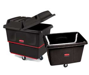 The diamond caster pattern of these Rubbermaid cube trucks provides superior maneuverability. Spring platform option elevates contents for easier loading and unloading, and heavy-duty utility models include metal body support band.