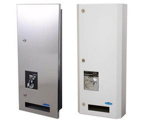 Frost's sanitary dispensers are generally made of stainless steel. They have a height between 25-3/8" and 27-1/4", a width between 9-7/8" and 16-1/4", and a  depth between 4-5/8" and 5-7/8". They can be surface mounted or recessed. They all have a coinage mechanism, with capacities that can vary depending on the product (tampons, napkins, condoms).