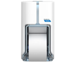 Cascades dispensers can contain between 2 to 4 tissue rolls at the same time, depending on the product. They're generally made of plastic. The dimensions vary from one equipment to another, with a width between 6" and 13-3/8", a heigth between 7-1/4" and 13-5/8", and a depth between 5-3/8" and 7". Moreover,  there's a dispenser with 40% recycled material amongst this products range.