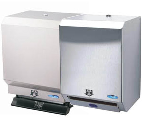 Frost has different types of hand paper roll towel dispensers, of automatic or mecanichal type. The ones with controlled dispensing are ideal for  high traffic areas where vandalism is a concern . They're generally made in plastic or stainless steel. Their dimensions vary between 3-1/8" and 25-3/4" for the height, between 10-1/2" and 13-3/8" for the width, and 4-1/4" and 9" for the depth.
