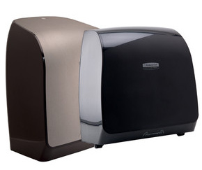 Kimberly-Clark hand paper roll towel dispensers come into various models. MOD SLIMROLL system is part of some of the products, and combines touchless technology with the bacteria-reducing benefits of drying with paper towels, supporting and promoting better hand and surface hygiene. These products are made in stainless steel or plastic. The ranges for the height, width and depth are 10"-17", 10-1/2"-17.5", and 5.1"-10.2", respectively.